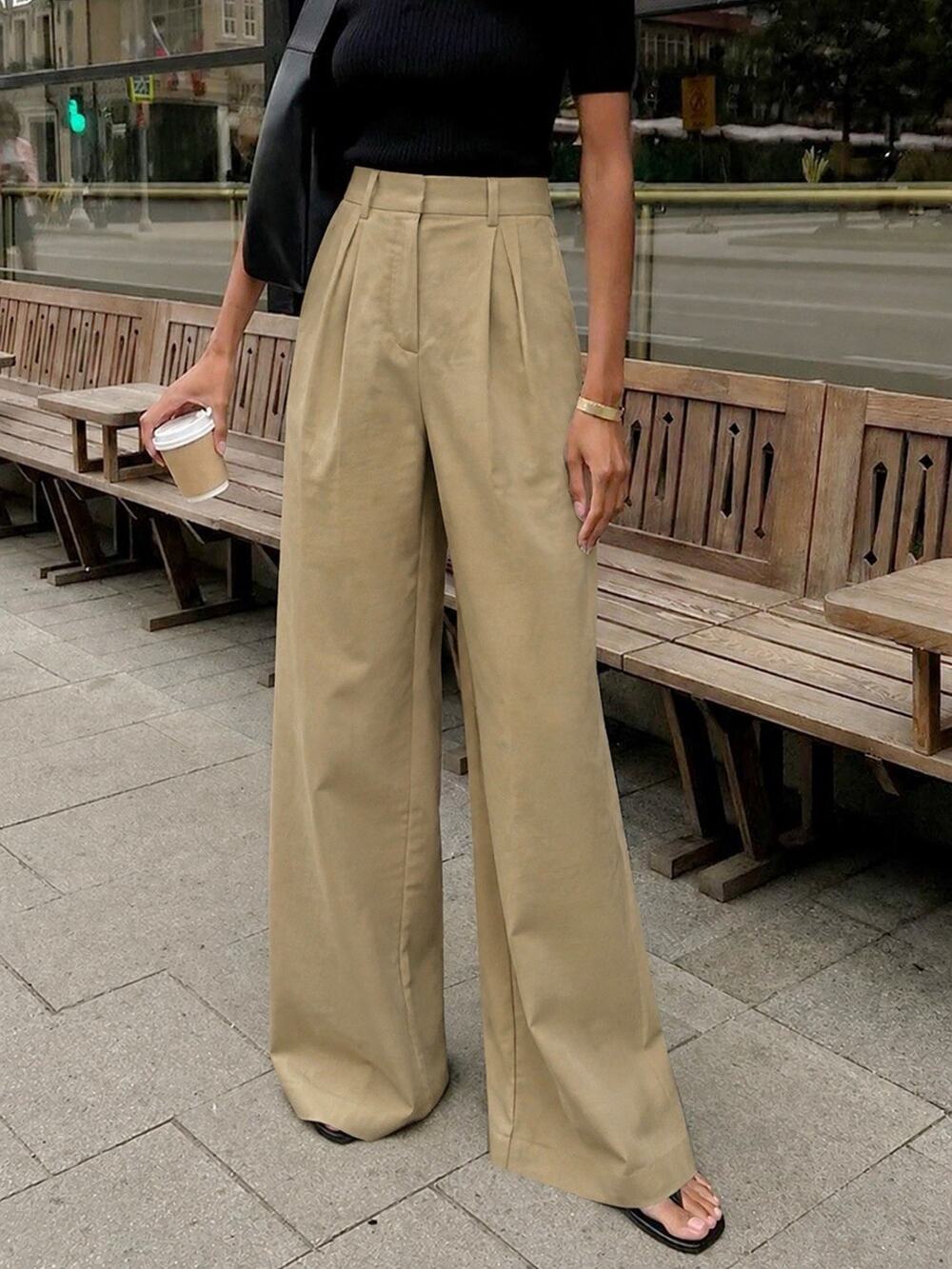 Commense Womens Small Linen Pants Beige Pleated High Rise Wide Leg Trousers